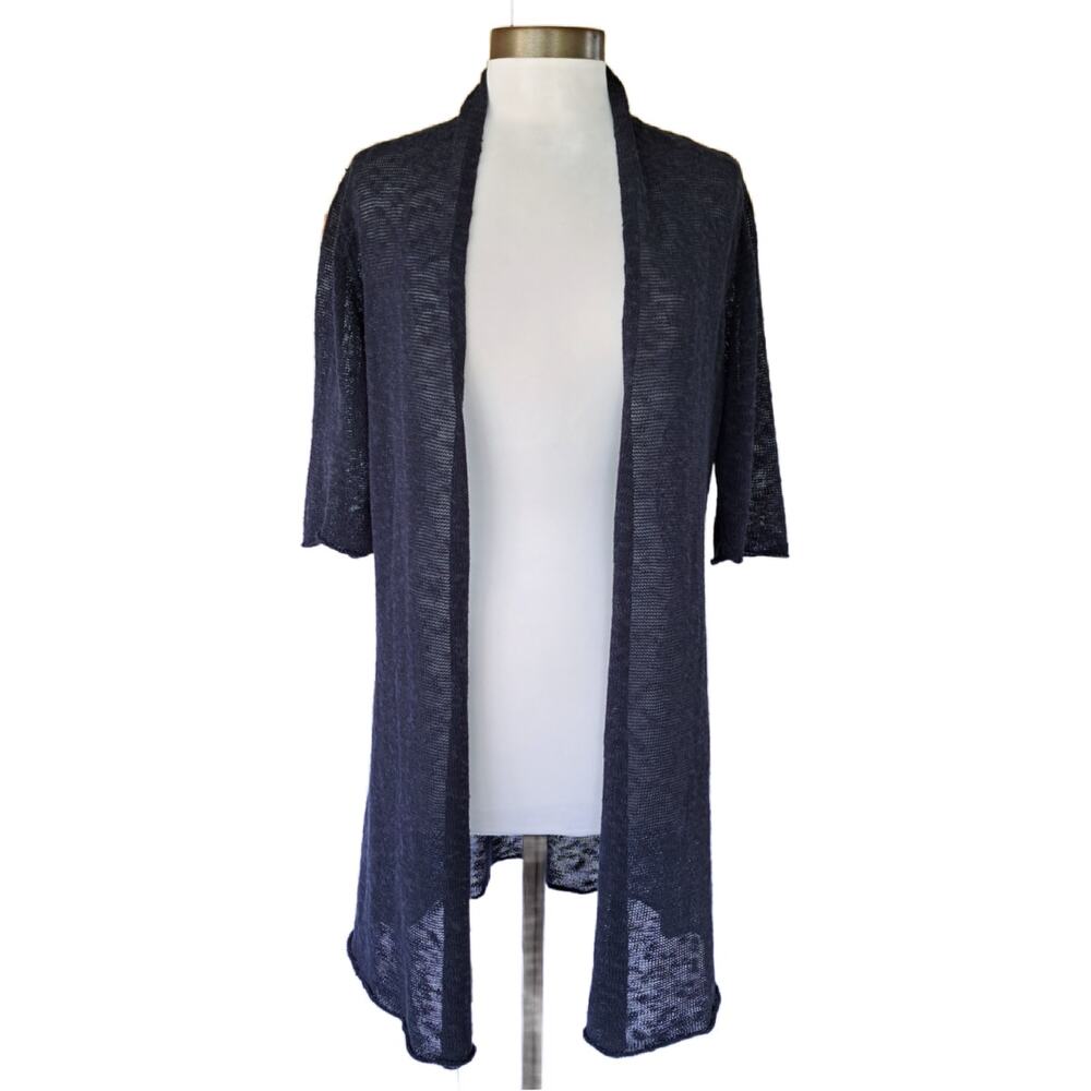 EILEEN FISHER Navy Blue Linen Blend Cardigan Sweater Long Open Front Small